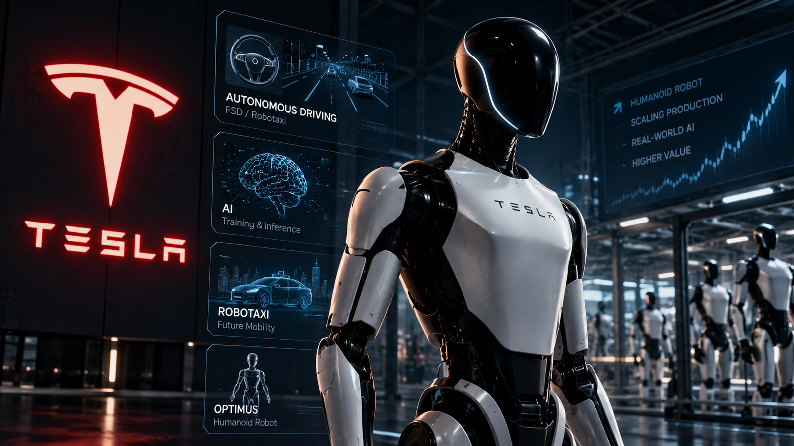 Ilustrační zobrazení technologií Tesla a humanoidního robota