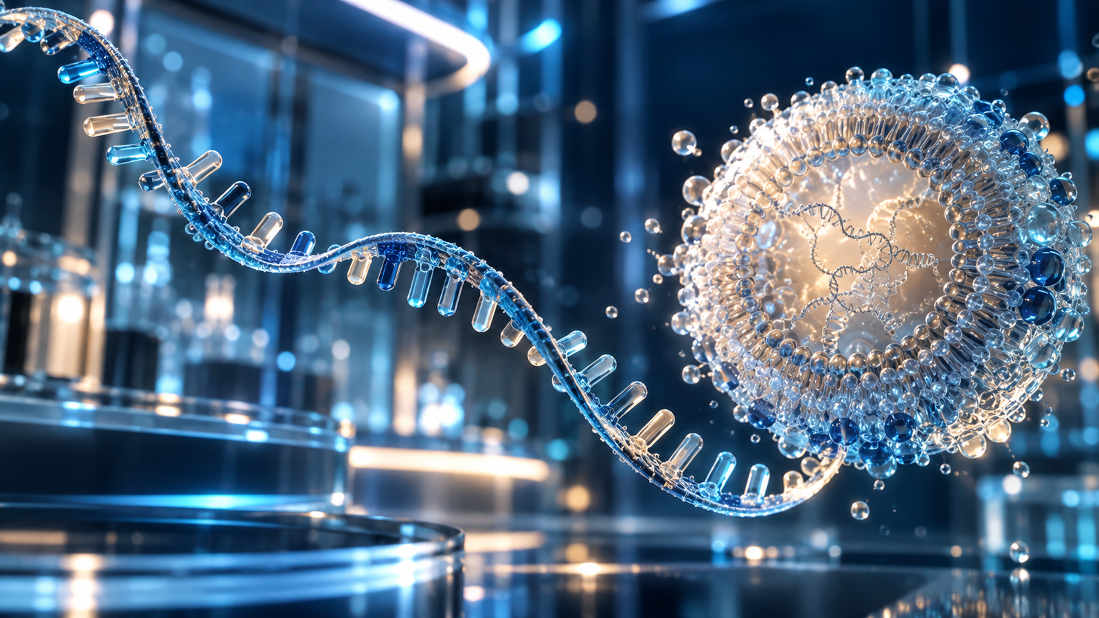 Konceptuální vizualizace mRNA a lipidové nanočástice v laboratoři