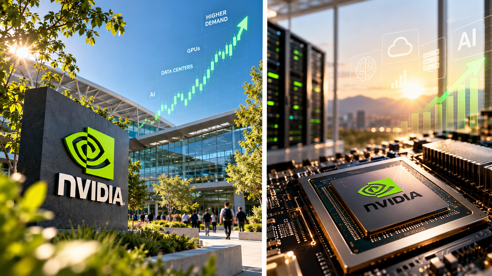 Ilustrační kompozice sídla Nvidia, datacentra a AI čipu