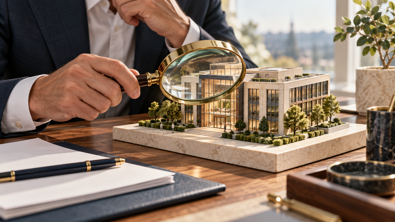 Investor zkoumá model firmy pod lupou.